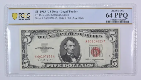 1963 $5 US Legal Tender Fr#1536 Choice Unc 64 PPQ PCGS
