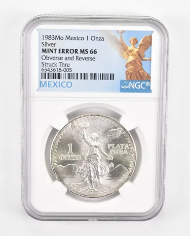 Mint Error MS66 1983 Mo Mexico 1 Silver Onza - OBV & REV Struck Thru NGC a0516