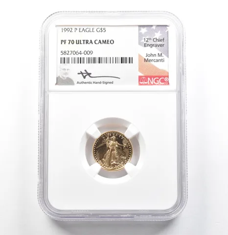 1992-P $5 American Gold Eagle Mercanti 1/10 Oz PF70 UCAM NGC a0090