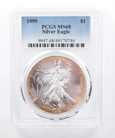 1999 American Silver Eagle MS68 PCGS Purple/Orange Tone *8428