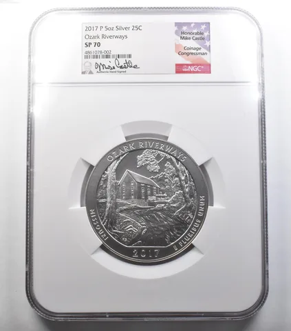 2017-P 5 Oz Silver Quarter ATB Ozark Riverways SP70 NGC Castle *0758