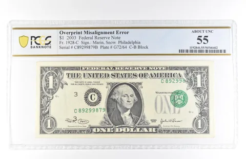2003 $1 55 Philadelphia PA FRN Overprint Misalignment Error Fr#1928-C PCGS *5835