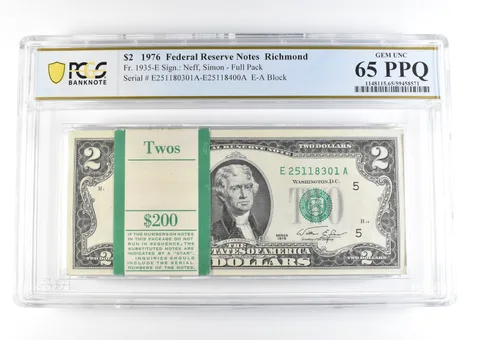 1976 $2 Richmond VA FRN Fr#1935-E Full Pack Gem Unc 65 PPQ PCGS *9119