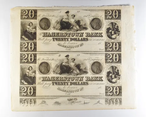 Lot (2) 1800s $20 Hagerstown MD Bank Obsolete Note Uncut *8694