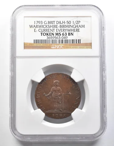 1793 Great Britain 1/2 Penny Warwickshire-Birmingham Token MS63 BN NGC a4025