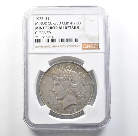 1922 Peace Silver Dollar Error Minor Curved Clip @ 2:00 AU Details NGC *3169