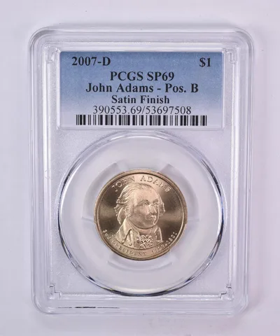 2007-D Presidential $1 John Adams Satin Finish SP69 PCGS Blue Label
