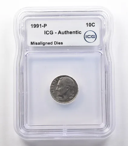 1991-P Roosevelt Dime Mint Error Misaligned Dies Authentic ICG *2431