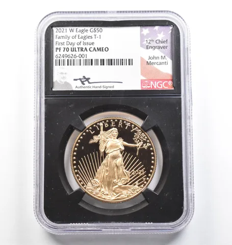 2021-W $50 American Gold Eagle Type 1 FDOI Mercanti 1 Oz PF70 UCAM NGC *9805