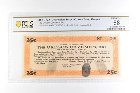 1933 25 Cents Scrip Grants Pass OR Oregon Cavemen Inc Choice AU 58 PCGS a2091