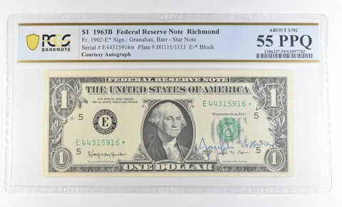 1963 B AU55 $1 VA FRN Courtesy Autograph Star FR#1902-E PPQ PCGS Barr *0621