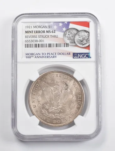 Mint Error MS62 1921 Morgan Silver Dollar REV Struck Thru 100th Anniv NGC *3413