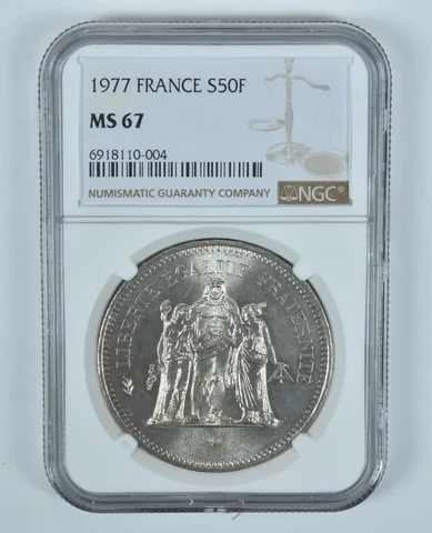 1977 France 50 Francs Silver MS67 NGC Brown Label