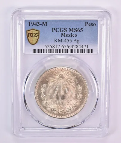 1943 M Mexico Peso Silver KM-455 MS65 PCGS Blue Label
