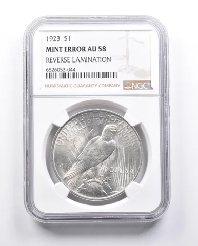 AU58 1923 Peace Silver Dollar Error REV Lamination NGC *6649