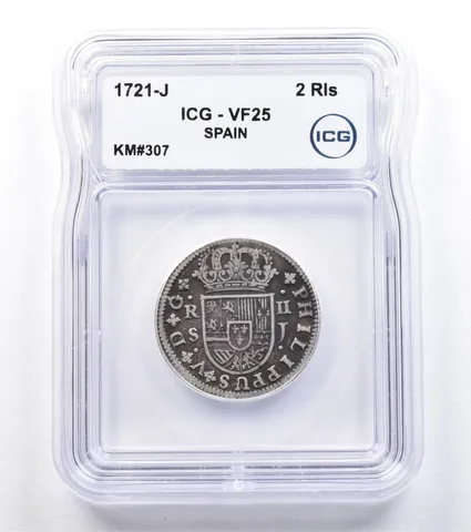 1721 J Spain 2 Reales KM#307 VF25 ICG *1798
