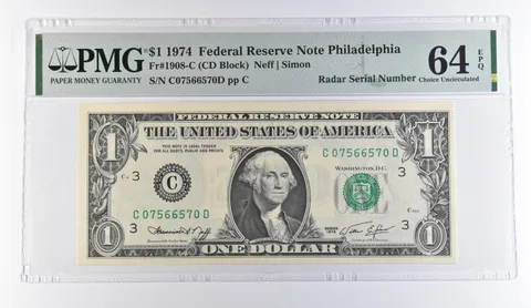 1974 $1 Philadelphia PA FRN Radar S/N Fr#1908-C Choice Unc 64 EPQ PMG *9491