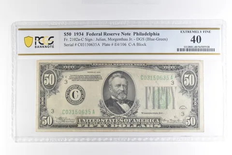 1934 $50 Philadelphia PA FRN Fr#2102a Blue-Green Seal EF 40 PCGS *4960