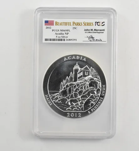 2012 5 Oz Silver Quarter ATB Acadia Mercanti MS69 PL PCGS a1707