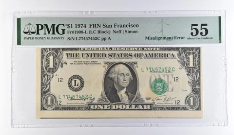 1974 $1 San Francisco FRN Misalign Error Fr#1908-L About Unc 55 PMG *9478
