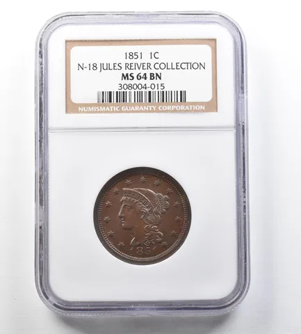 1851 Braided Hair Large Cent N-18 Jules Reiver Collection MS64 BN NGC a3448