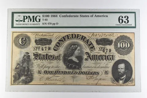 1864 $100 Confederate States of America T-65 Choice Uncirculated 63 PMG *0963