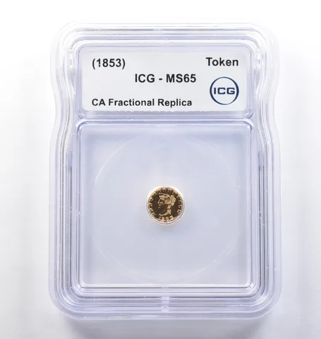 (1853) CA Fractional Gold Style Token Liberty Head 1/4 Dollar MS65 ICG *3801