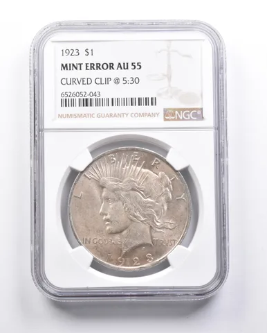 AU55 1923 Peace Silver Dollar Error Curved Clip @ 5:30 NGC *6650
