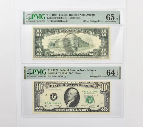 (2) 1974 $10 Atlanta GA FRN Offset & Bookend Fr#2022-F Unc 65 & 64 EPQ PMG *9433
