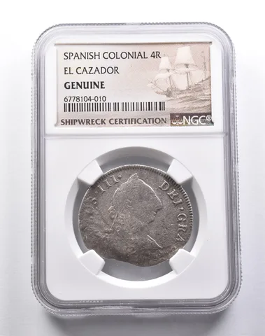 Genuine El Cazador Spanish Colonial 4 Reales NGC Shipwreck Certification *3703