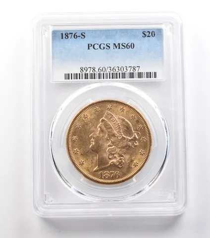 1876-S $20 Liberty Head Gold Double Eagle MS60 PCGS a1547
