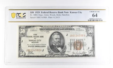 1929 $50 Kansas City MO Federal Reserve Bank Fr#1880-J Choice Unc 64 PCGS a2513