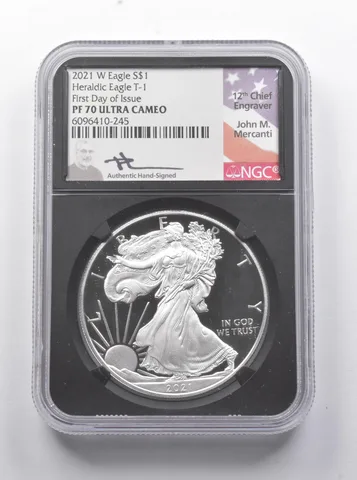 PF70 UCAM 2021-W American Silver Eagle FDOI T1 Signed Mercanti NGC *8861