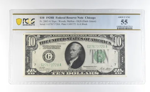 1928 B $10 Chicago IL FRN Fr#2002-G About Unc 55 PCGS a0375