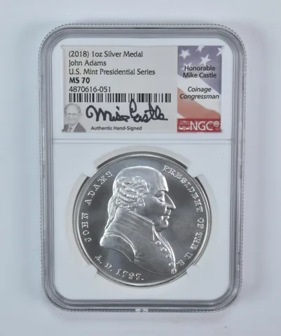 (2018) 1 Oz Silver Presidential Medal John Adams Mike Castle MS70 NGC a5715