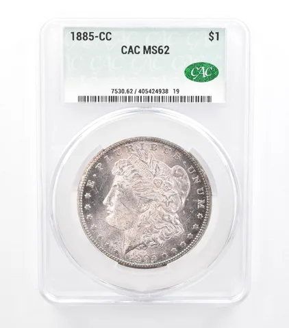 1885-CC Morgan Silver Dollar MS62 CAC CACg Beautiful Tone a0987