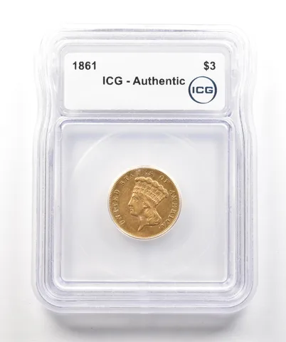 1861 $3 Indian Princess Head Gold Three Dollar Authentic ICG a4324