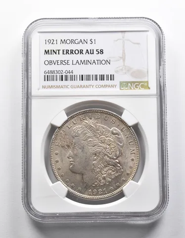 Mint Error AU58 1921 Morgan Silver Dollar OBV Lamination NGC *1972