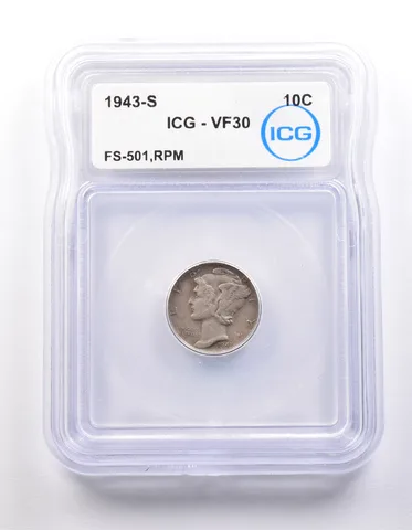 1943-S Mercury Dime FS-501 RPM VF30 ICG a9839