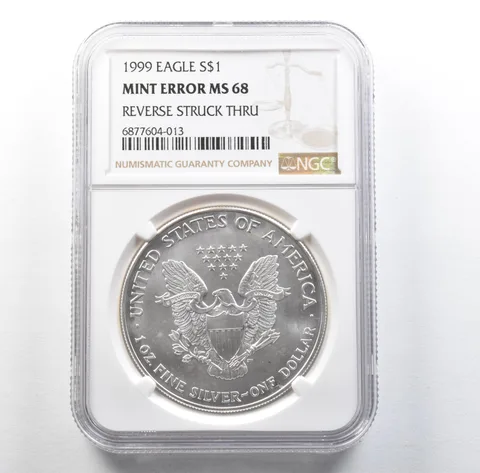 1999 American Silver Eagle Mint Error Reverse Struck Thru MS68 NGC *3128