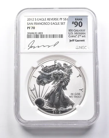 Reverse PF70 2012-S American Silver Eagle Rank 90 Jeff Garrett Signed NGC a7918