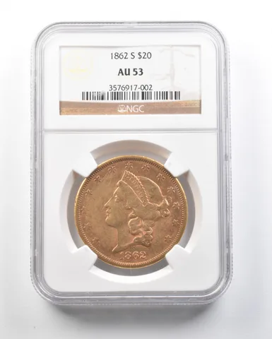 1862-S $20 Liberty Head Gold Double Eagle AU53 NGC a0647