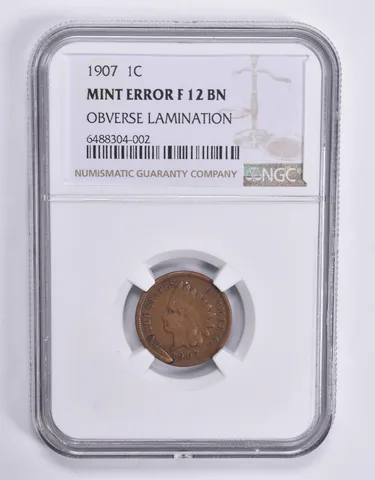 MINT ERROR F12 BN 1907 Indian Head Cent OBV Lamination NGC a1807