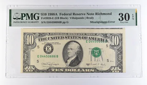 1988 A $10 Richmond VA FRN Misalign Error Fr#2028-E VF 30 EPQ PMG *9438