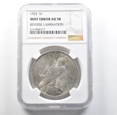 1922 Peace Silver Dollar Mint Error Reverse Lamination AU58 NGC *3135