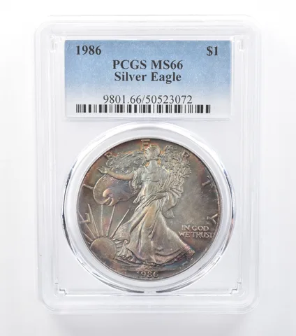 1986 American Silver Eagle MS66 PCGS Dark Blue/Purple Tone *7766
