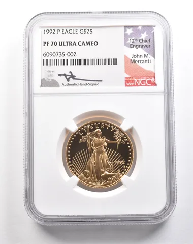 1992-P $25 American Gold Eagle Mercanti 1/2 Oz Gold PF70 UCAM NGC a5438