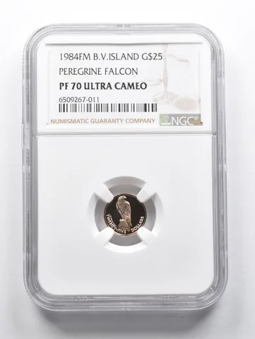 PF70 UCAM 1984 FM B.V. Island $25 Gold Peregrine Falcon NGC a1563