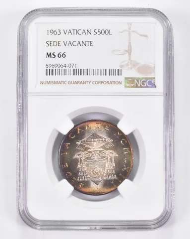 MS66 1963 Vatican 500 Lire Silver Sede Vacante Toned! NGC *8959