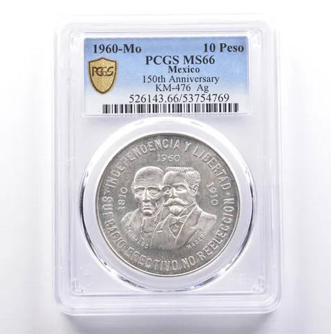 1960 Mo Mexico 10 Peso Silver Silver 150th Anniversary KM-476 MS66 PCGS *9058